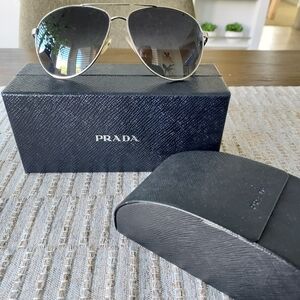 Prada Silver Aviator Sunglasses With Blue Lens
